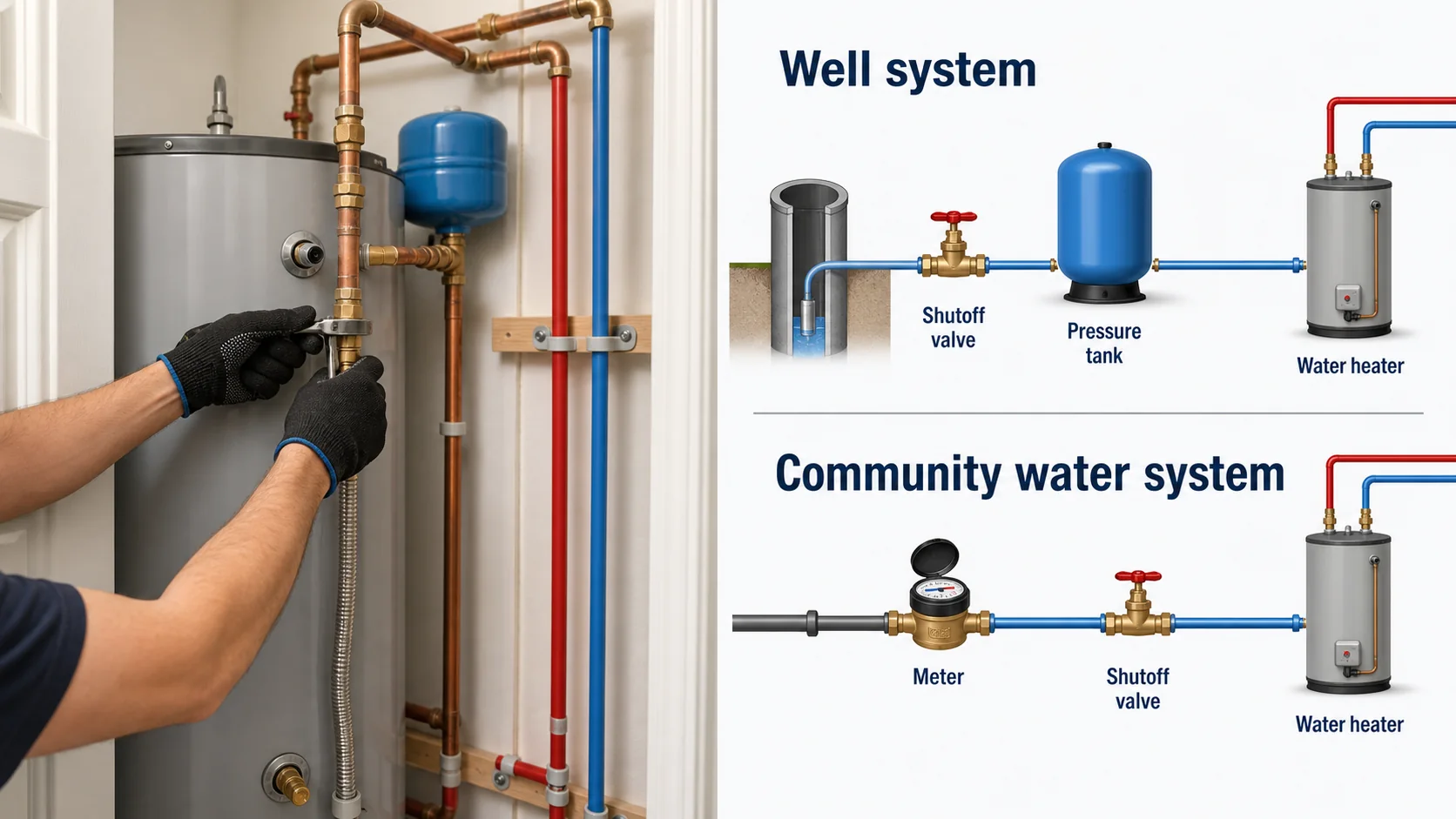 Educational diagram for plumber decordova showing Well system, Community water system